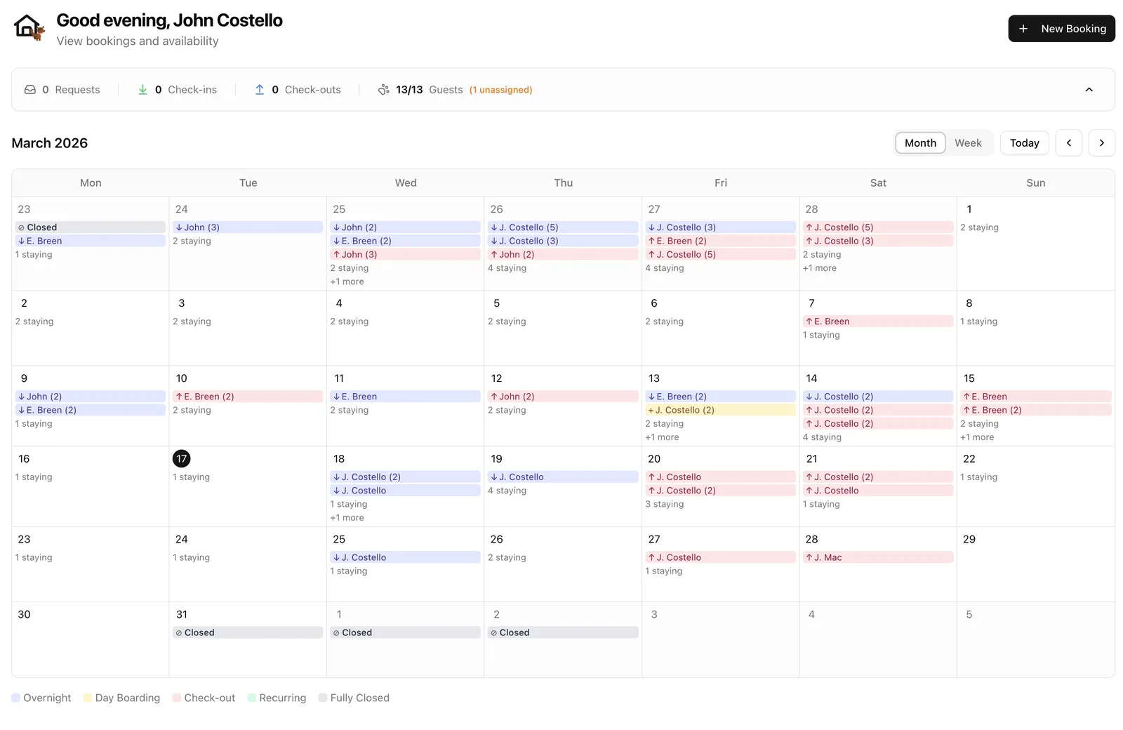 Booking calendar showing weekly kennel overview