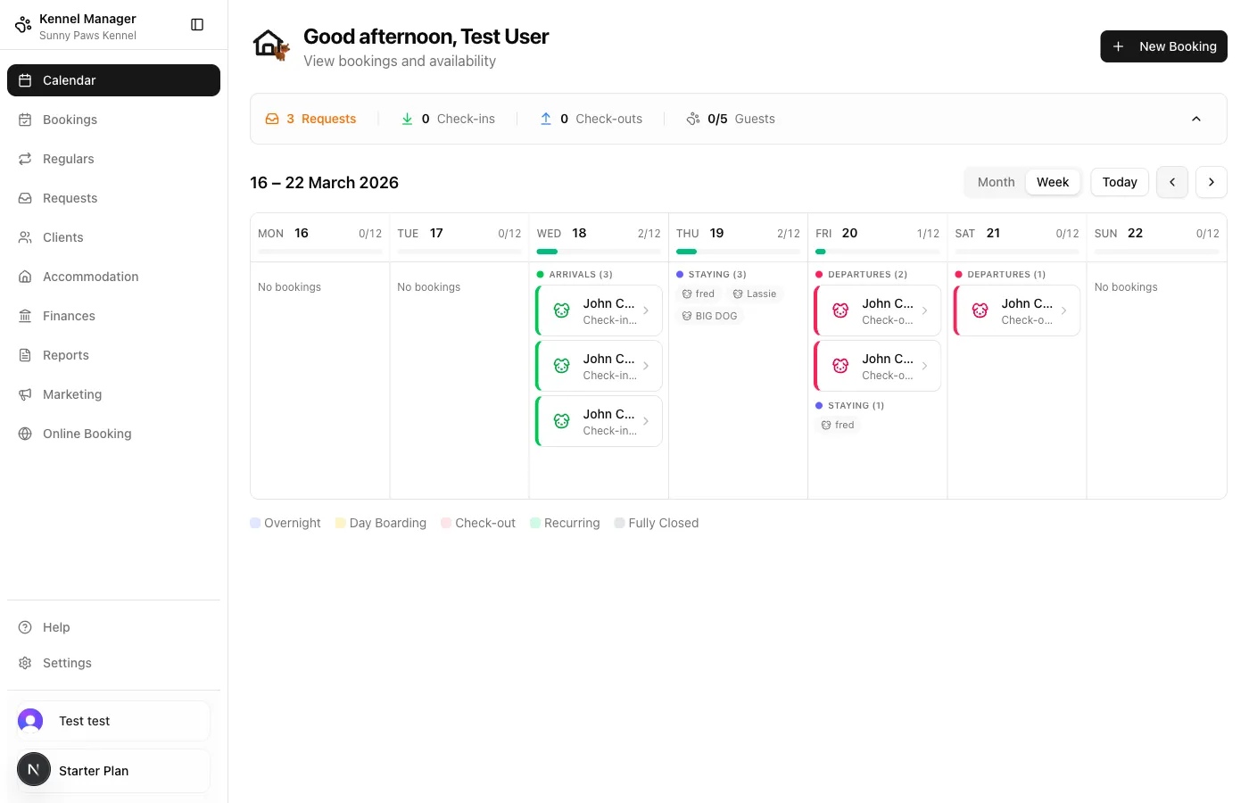 Weekly calendar view with colour-coded bookings