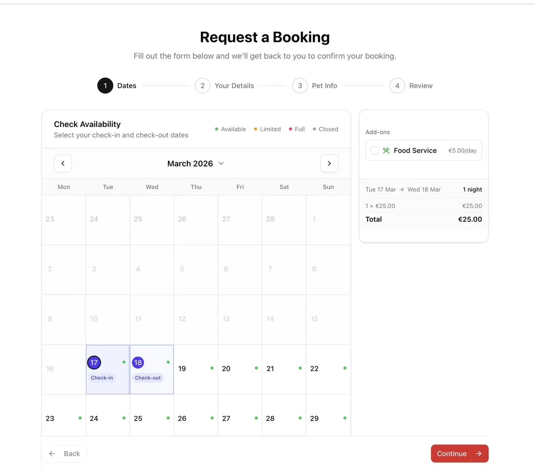 Customer booking wizard with date selection and pet details