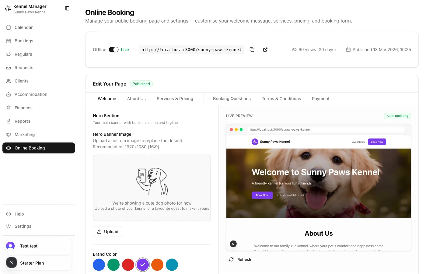 Online booking page editor with live preview