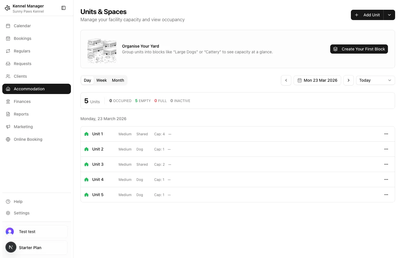 Kennel unit view showing occupancy and pet assignments