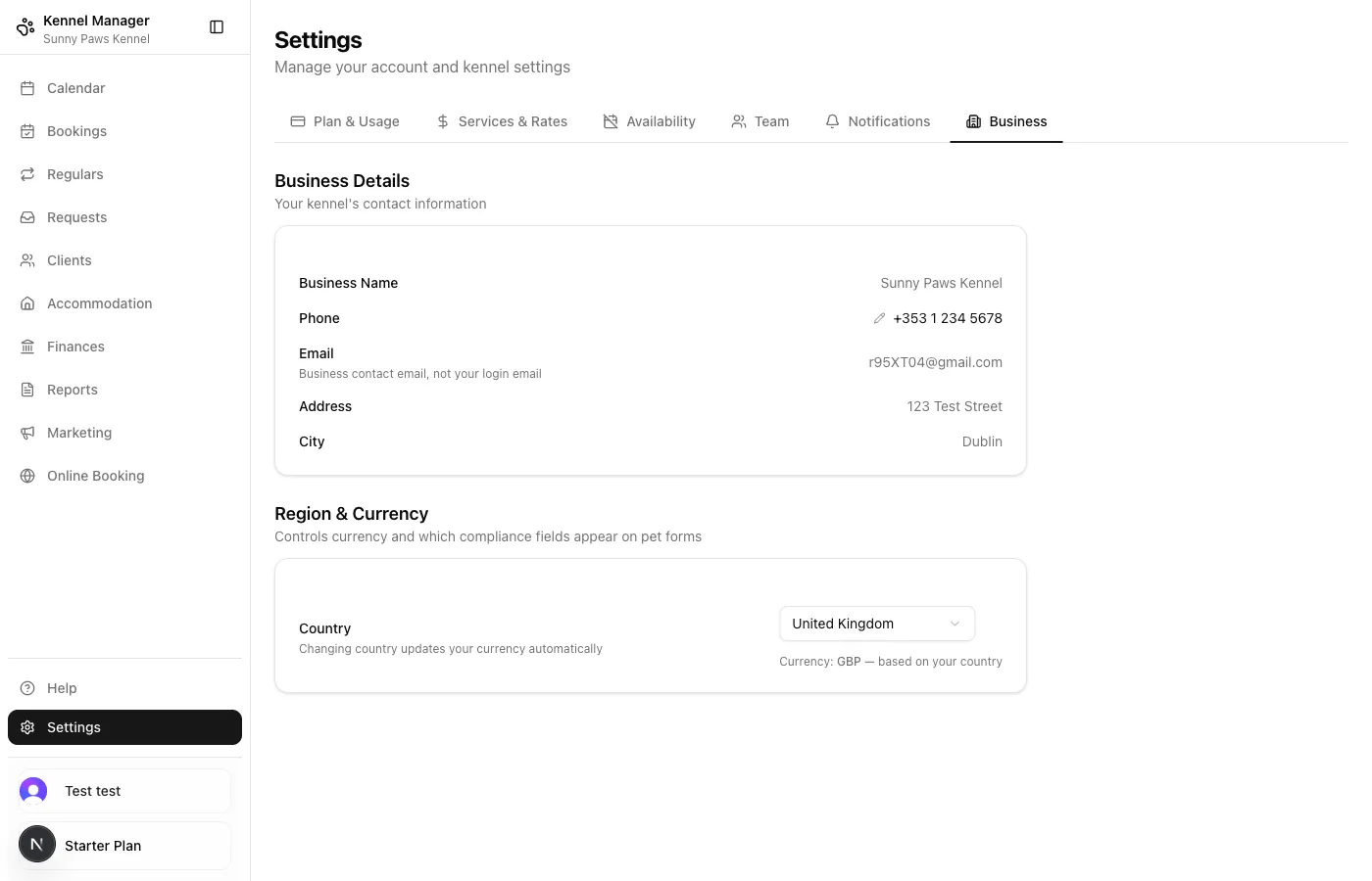 Business settings showing region selector for UK and Irish compliance profiles