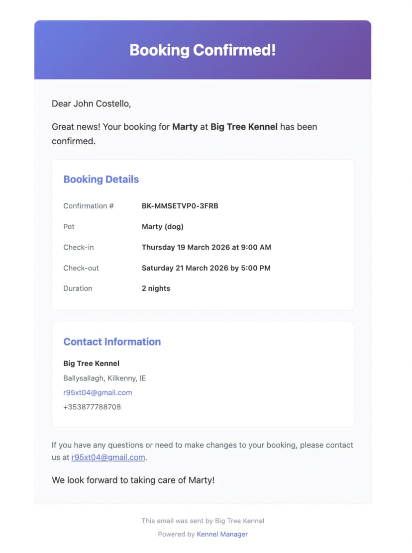 Booking confirmation email sent to customer