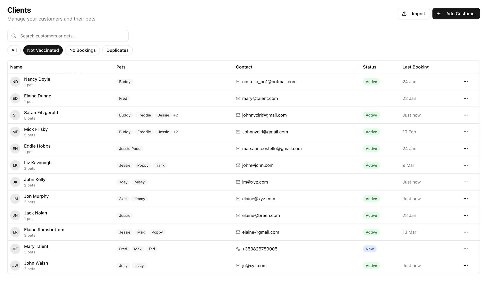 Clients list with Not Vaccinated filter active