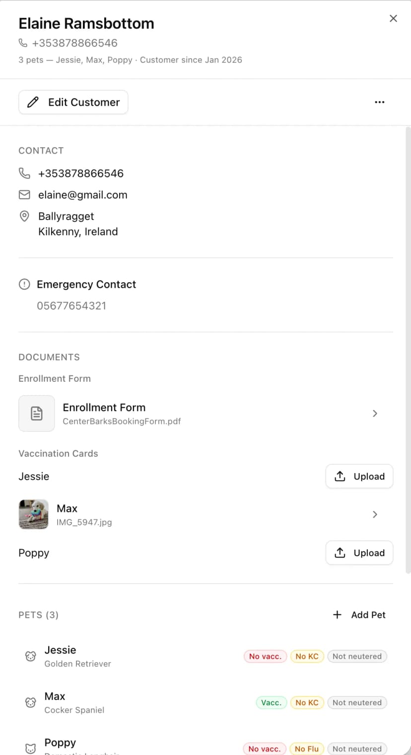 Customer profile with contact details, documents, and pets