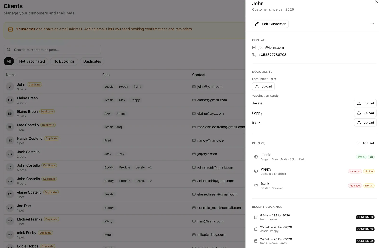 Customer and pet profile management
