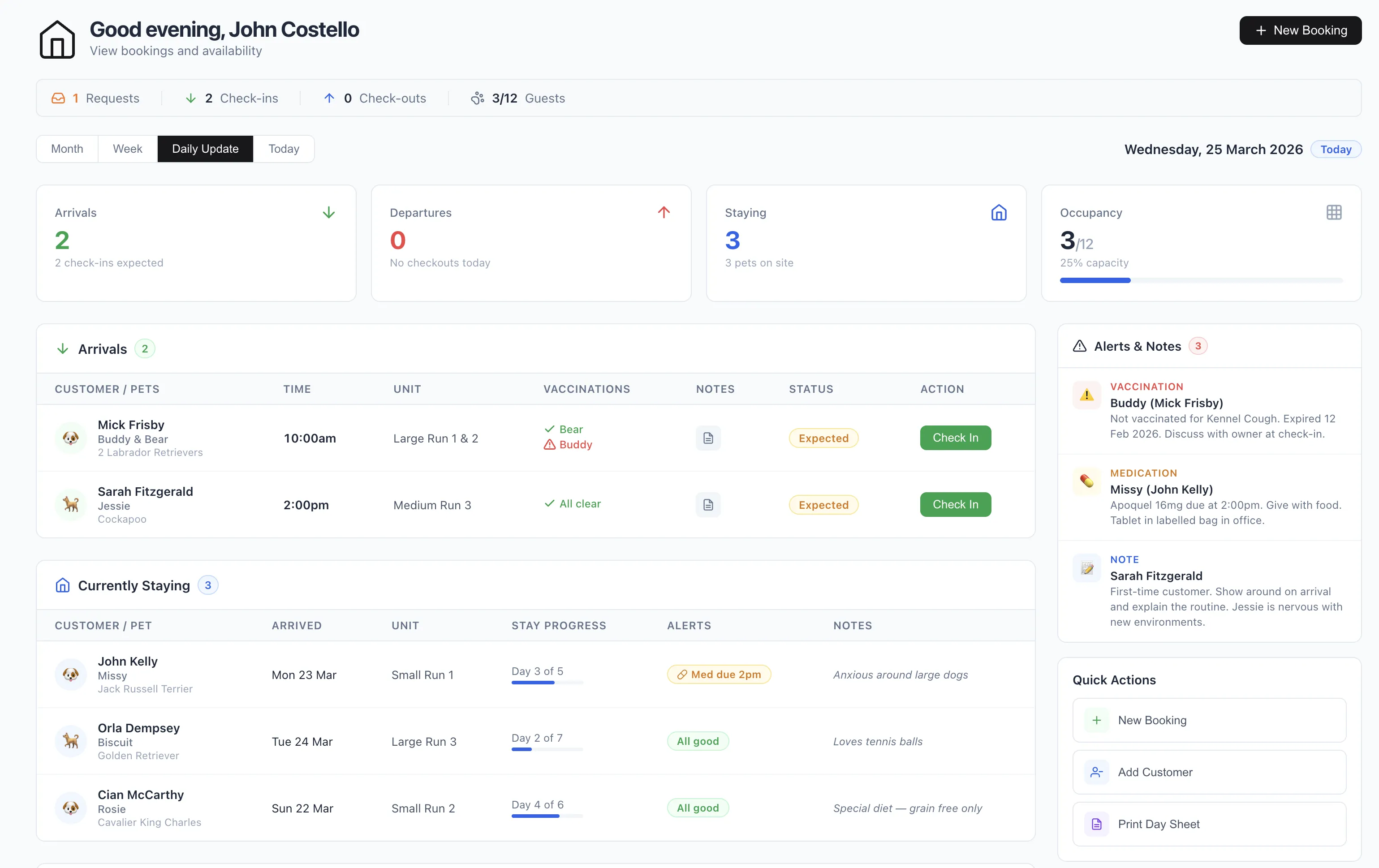 Weekly calendar view showing arrivals, departures, and staying pets