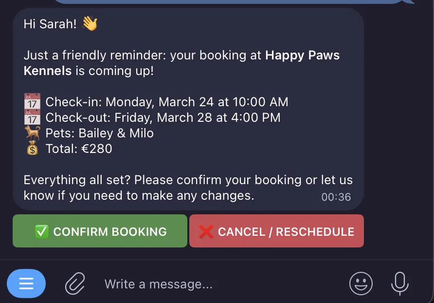 WhatsApp daily briefing message with arrivals and departures