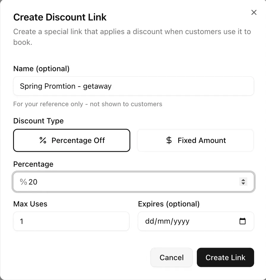 Create discount link dialog showing percentage off, max uses, and expiry settings