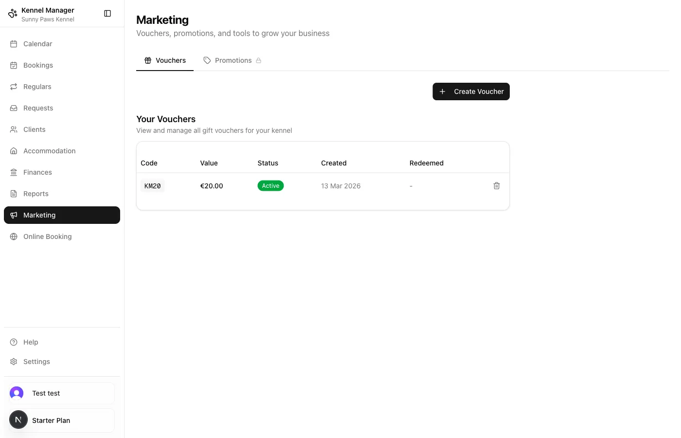 Marketing tools showing gift cards, discount campaigns, and promotional features