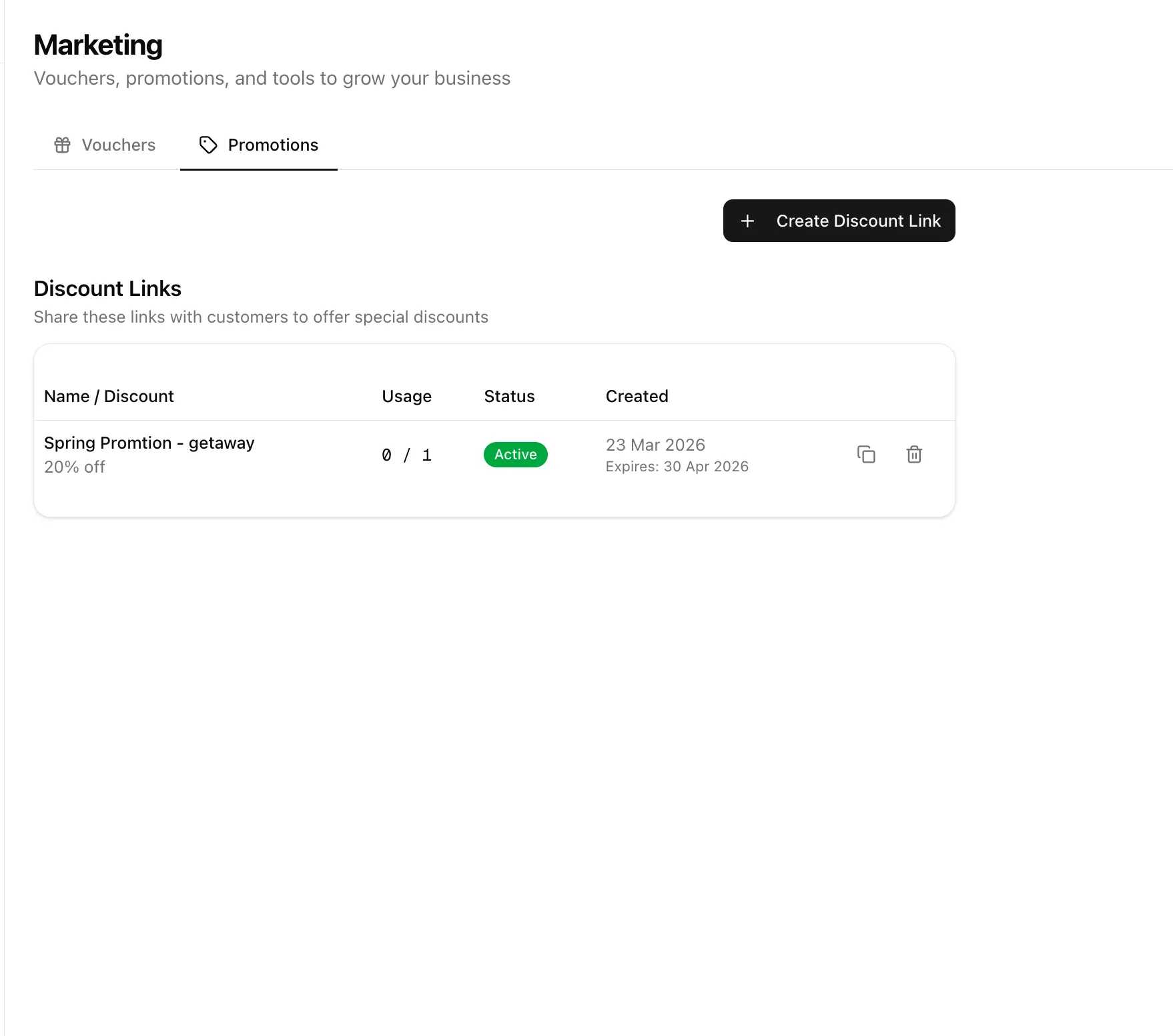 Marketing promotions tab showing discount links with usage tracking and status