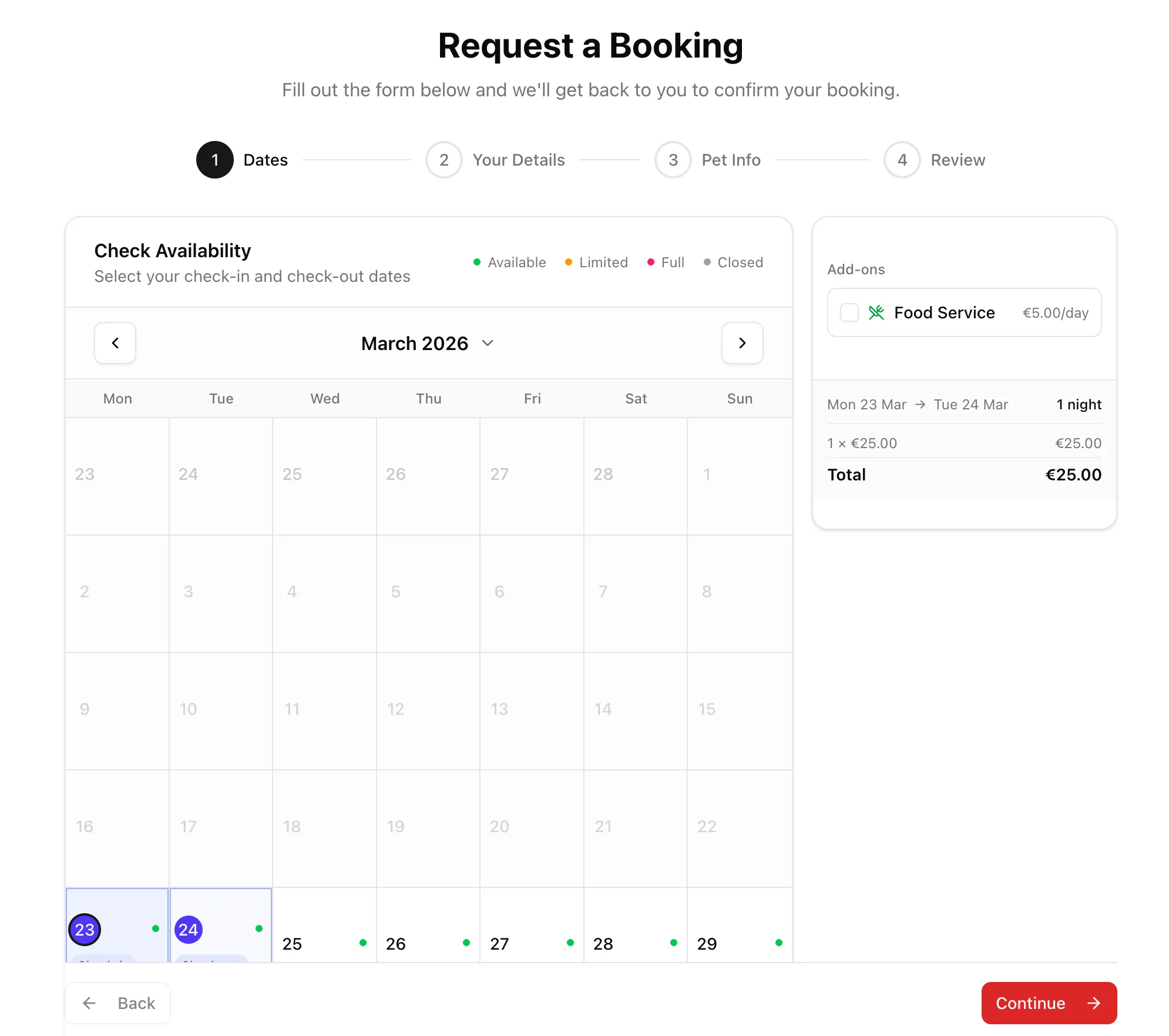 Online booking page for customers