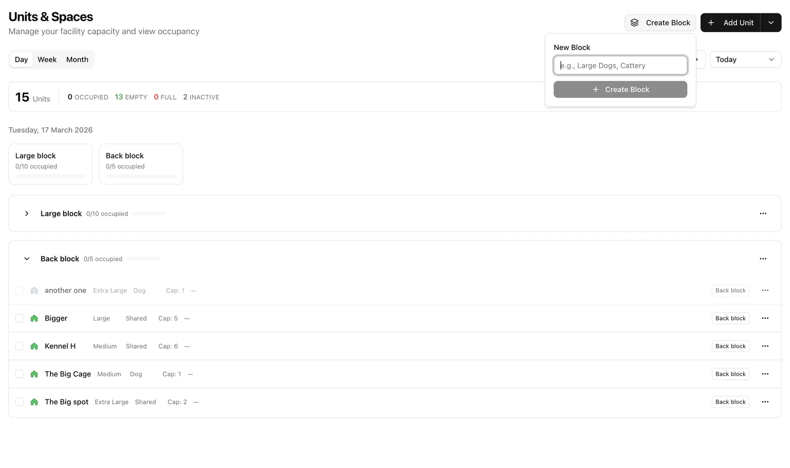 Kennel unit management showing availability and assignments