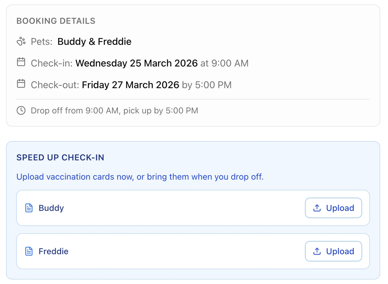 Booking details with vaccination card upload for each pet