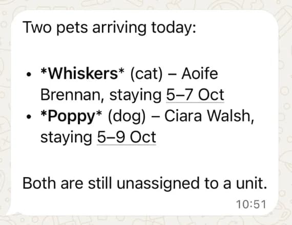 WhatsApp message from the assistant: two pets arriving today, Whiskers (cat) staying 5 to 7 Oct and Poppy (dog) staying 5 to 9 Oct, both still unassigned to a unit.