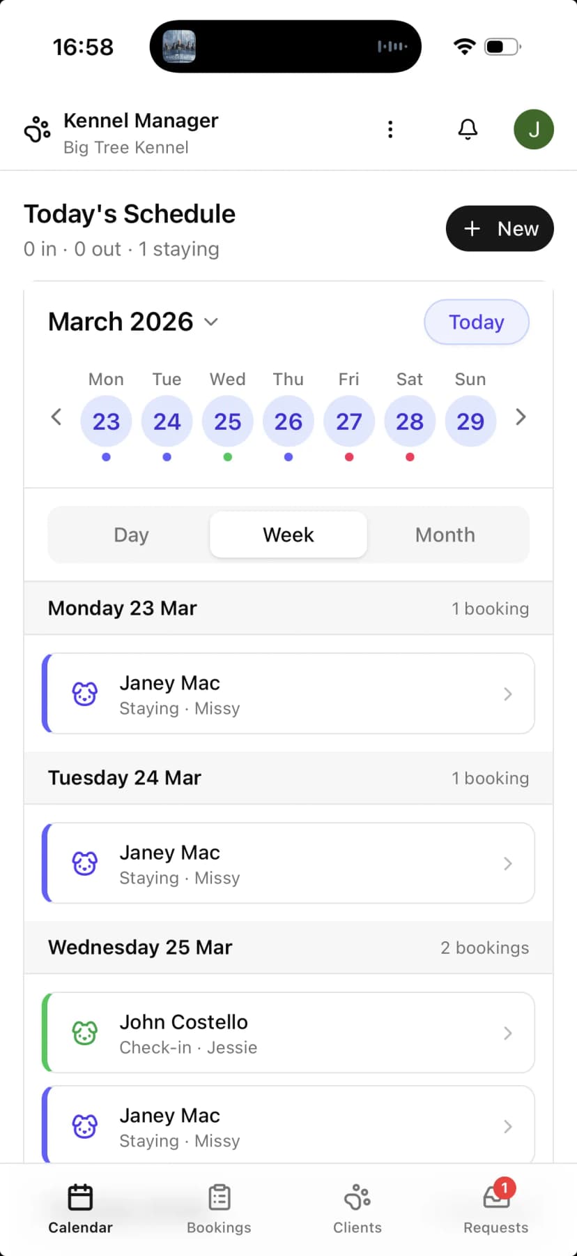 The Kennel Manager mobile app on smartphone showing calendar view