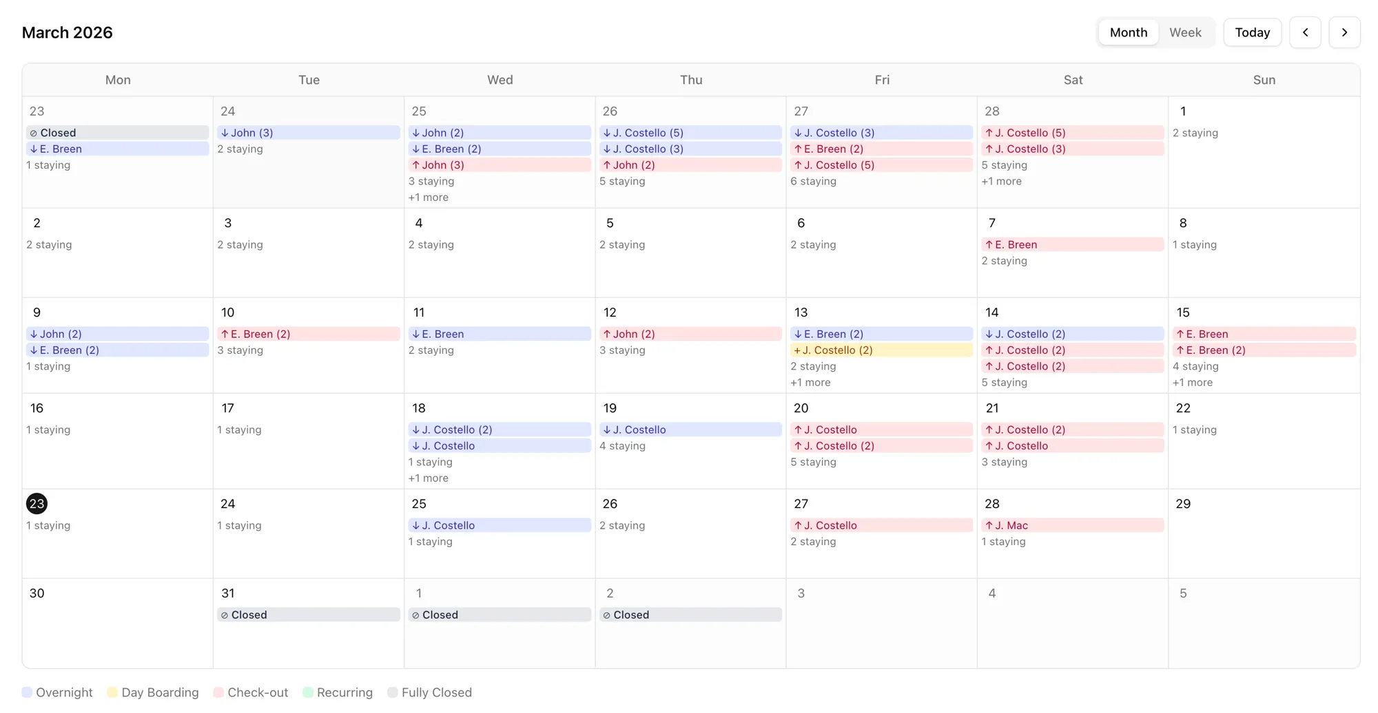 Kennel calendar showing peak season bookings and availability