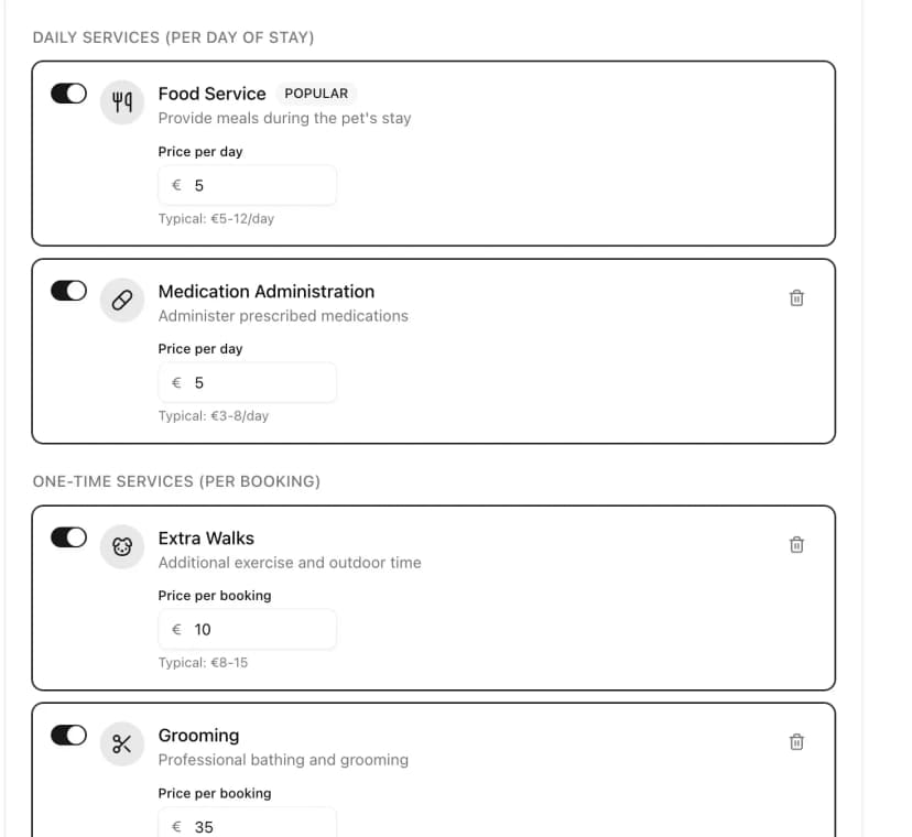 Add-on services settings showing food service, medication, extra walks, grooming, and pickup/delivery with pricing