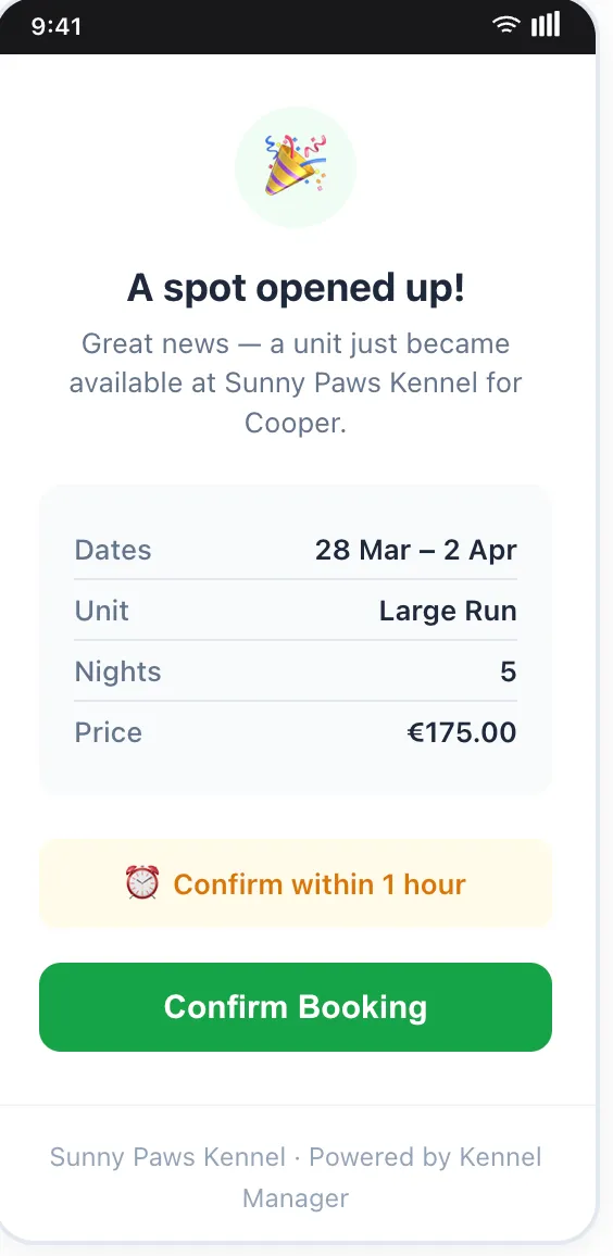Customer notification showing a spot opened up with confirm booking button