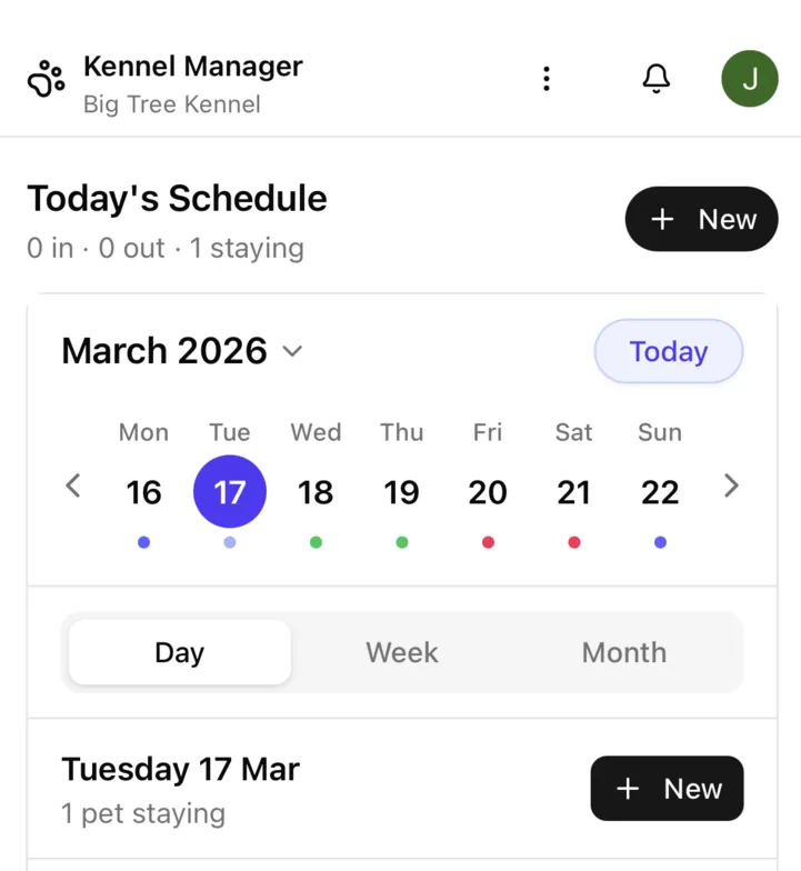 Mobile calendar showing today's schedule and bookings